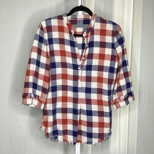 Raquel Allegra Plaid Flannel Shirt Henley Neck Fringe Blue White Red Sz 0